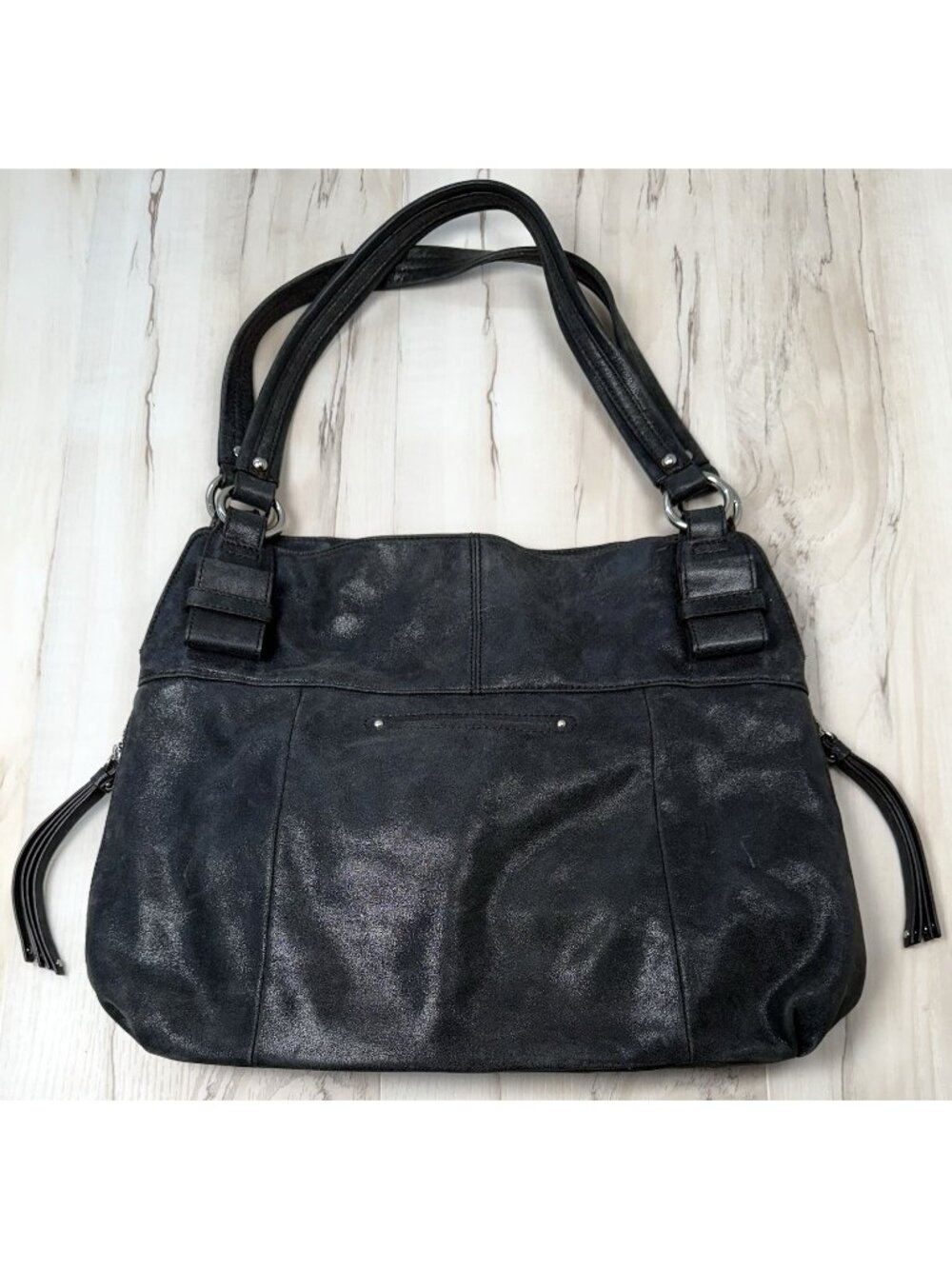 B. MAKOWSKY 17"x13" Black Genuine Leather Slouchy Large Hobo Shoulder Bag PURSE